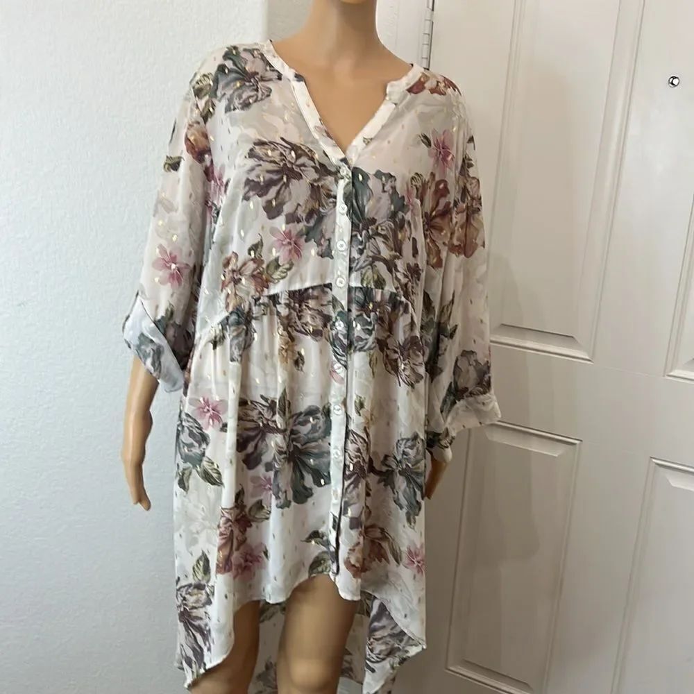 Torrid Sz 4 Tunic Top V Neck 3/4 Roll Up Sleeve High Low Floral Sheer Cover Up - Picture 2 of 10